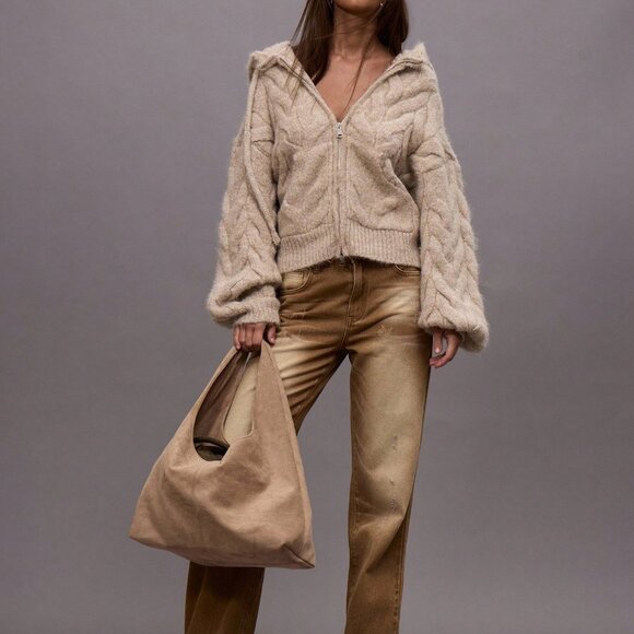 Khaki Casual Women's Chunky Oversized Hooded Cable Knit Sweater - Picture 6 of 6